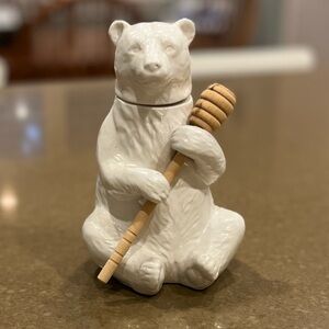 White Ceramic Bear Honey Jar Holding Bamboo Honey Dipper - Creative Co-Op.
